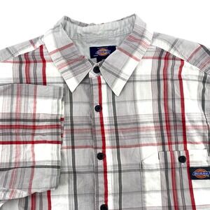 Dickies Red Gray White Plaid Button Down Short Sleeve Shirt 100% Cotton Size XL
